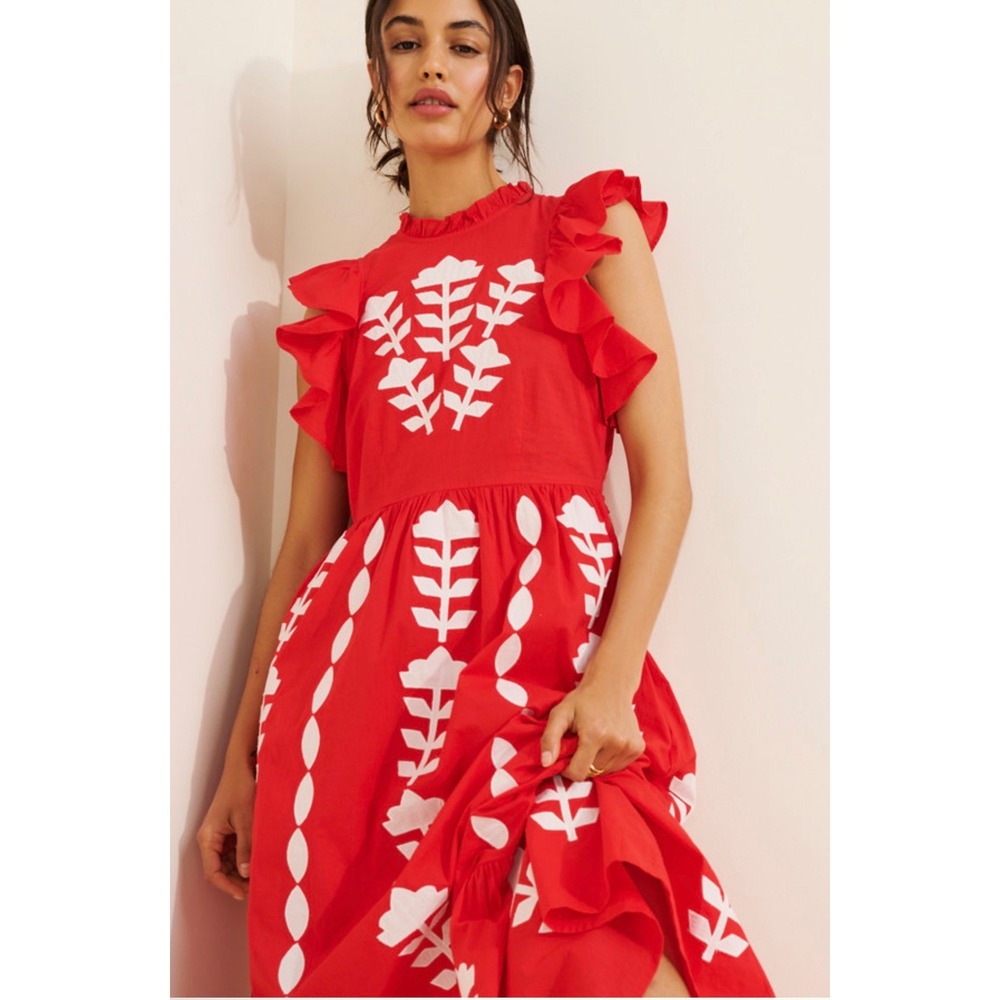 Banjanan Red Floral Applique Ruffle Maxi Dress Women XS Petite Good Condition